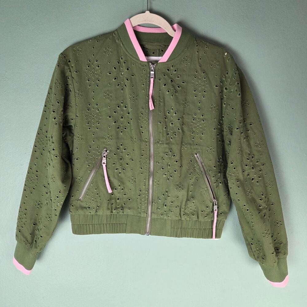 Anthropologie Avec Les Filles Womens XS Green Eyelet Bomber Jacket Zip Spring
